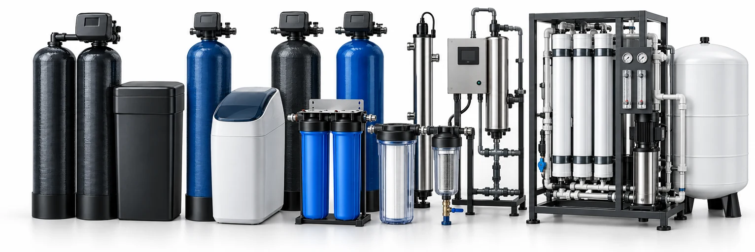 Illustrative selection of water softeners, specialty filtration tanks, sediment prefilters, ozone equipment and whole-home reverse osmosis systems.